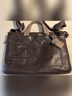 Piquandro Leather Briefcase Messenger Bag in Dark Brown and Taupe. NWOT